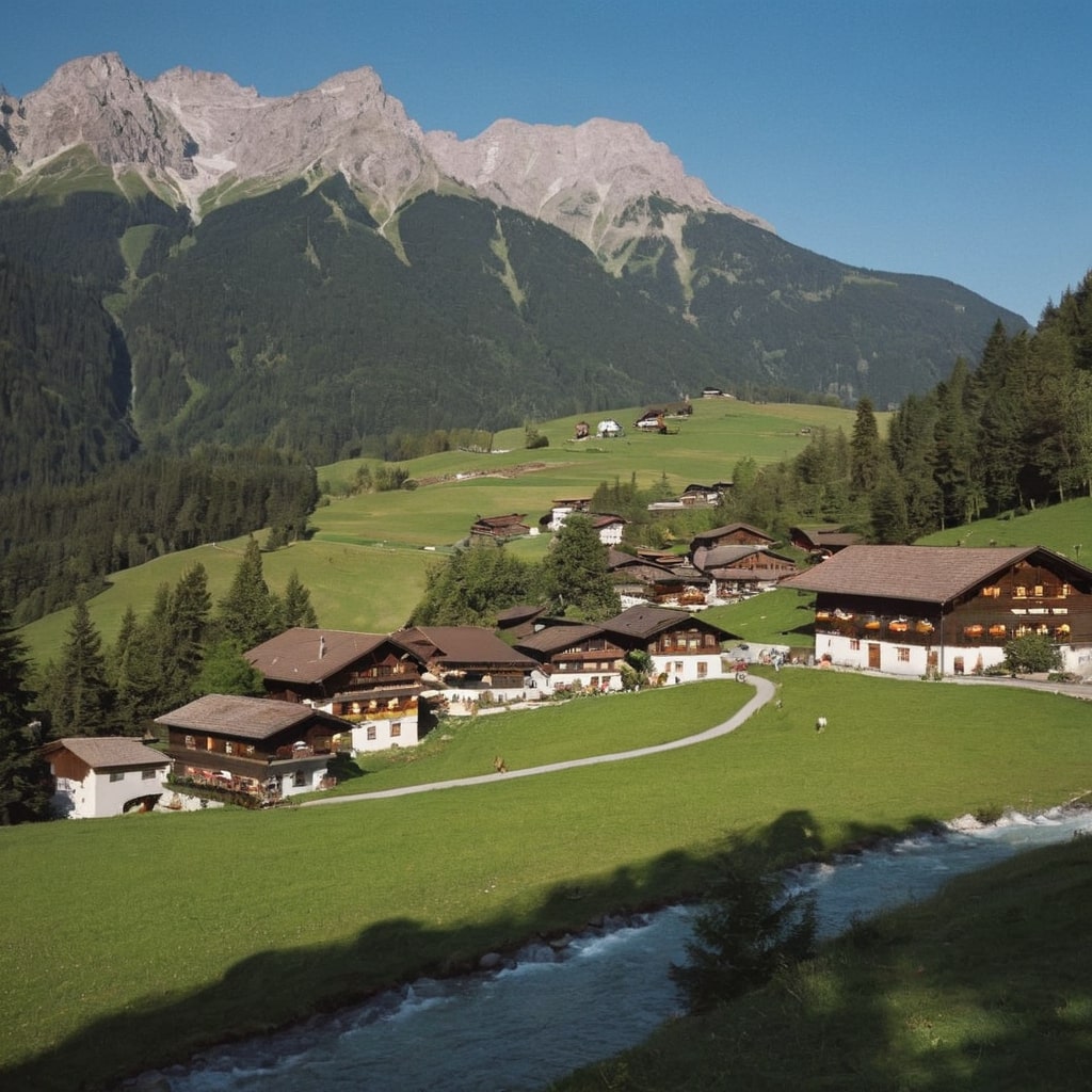 Blick auf traditionelle Tiroler Häuser mit Alpen im Hintergrund, symbolisch für Tirol als nachhaltigen Wirtschaftsstandort