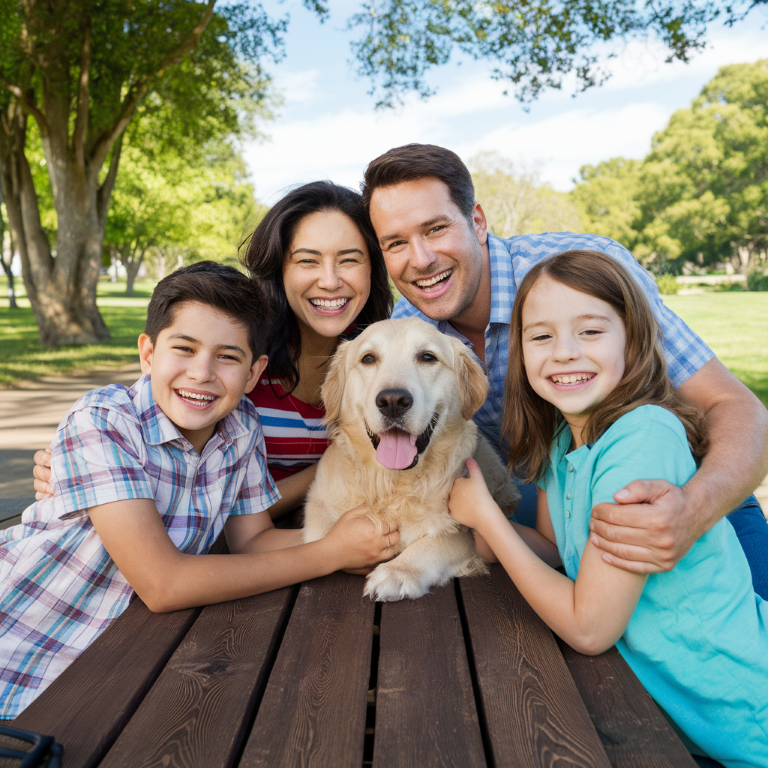 Glückliche Familie mit zwei Kindern und ihrem Hund genießt gemeinsame Zeit im Park