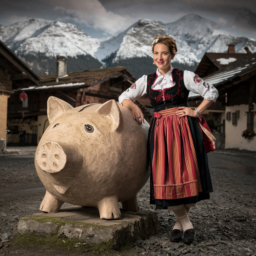 Frau in traditioneller Tracht steht lächelnd neben einer großen Sparschwein-Skulptur in einem Alpendorf mit schneebedeckten Bergen im Hintergrund