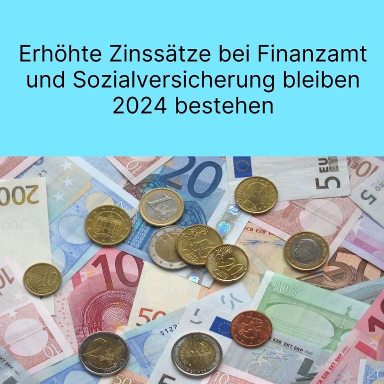 Stapel von Euro-Banknoten und Münzen mit Text über Zinssätze 2024