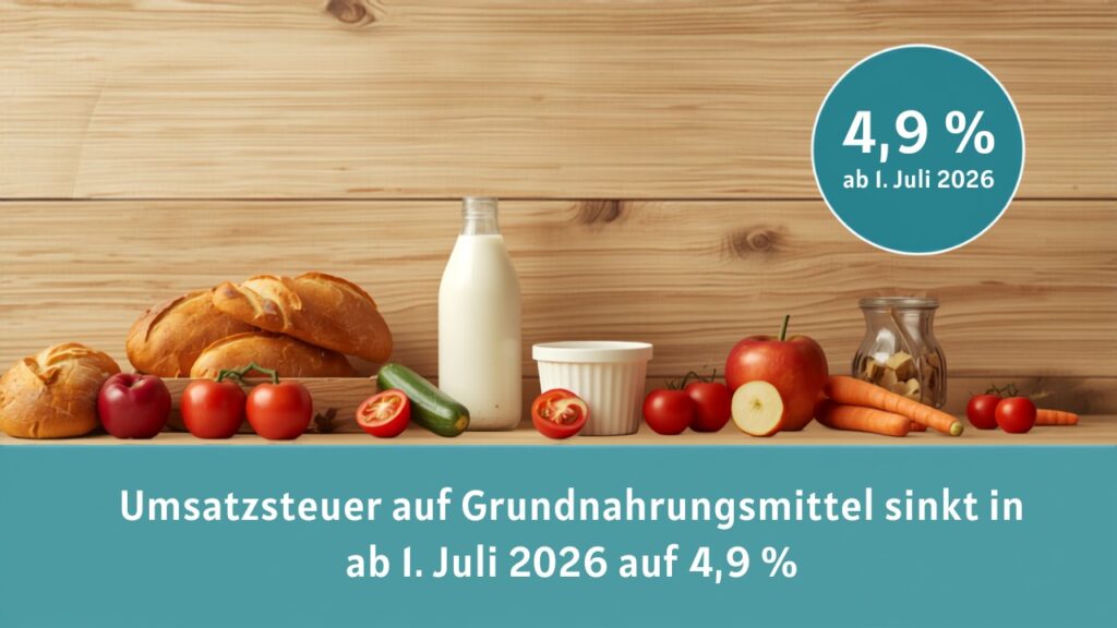Frische Grundnahrungsmittel wie Brot, Milch, Gemüse und Äpfel – Umsatzsteuersenkung auf 4,9 % ab 1. Juli 2026
