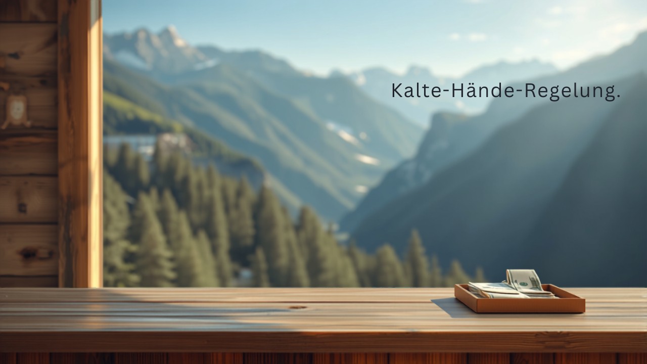 Holztheke einer Almhütte mit Geldkassa vor Tiroler Bergpanorama, Schriftzug Kalte-Hände-Regelung