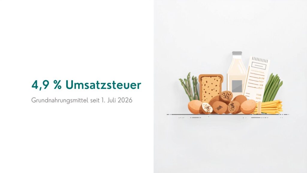 Grundnahrungsmittel wie Brot, Milch, Eier und Gemüse neben einem Kassenbon, dazu der Schriftzug 4,9 % Umsatzsteuer